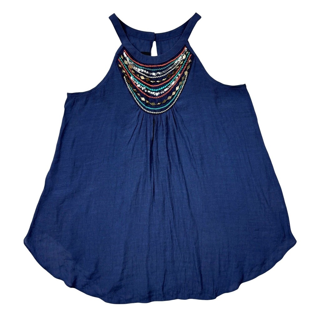 IZ BYER Navy‎ Blue Beaded Halter Neck Tank Top Embroidered Boho Blouse Medium